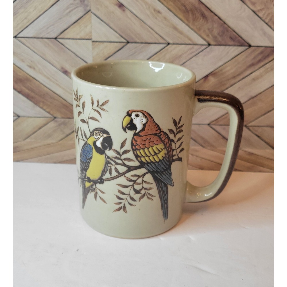 Vintage Otagiri Parrots On Tree Japanese Ceramic Coffee Tea Mug Handpainted
